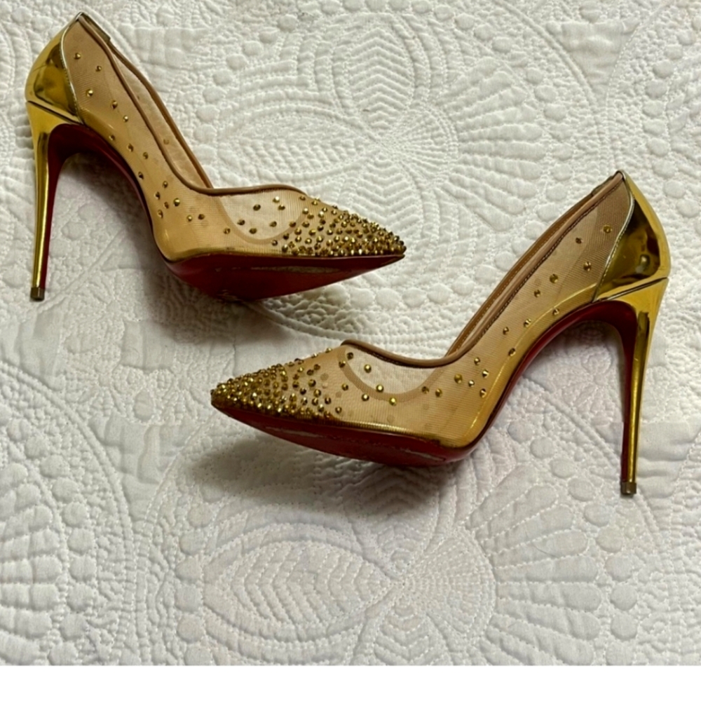 CHRISTIAN LOUBOUTIN Follies Strass 100 Pointy Toe Heel Gold Patent Leather 38
